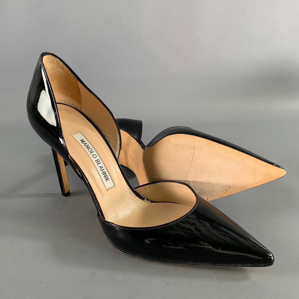 MANOLO BLAHNIK Size 9.5 Black Patent Leather Two Tone Pointed Toe Pumps - Picture 5 of 8